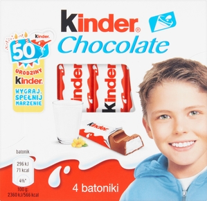 KINDER Chocolate 4 batoniki z mlecznej czekolady 50g (pakowane 20 szt.)
